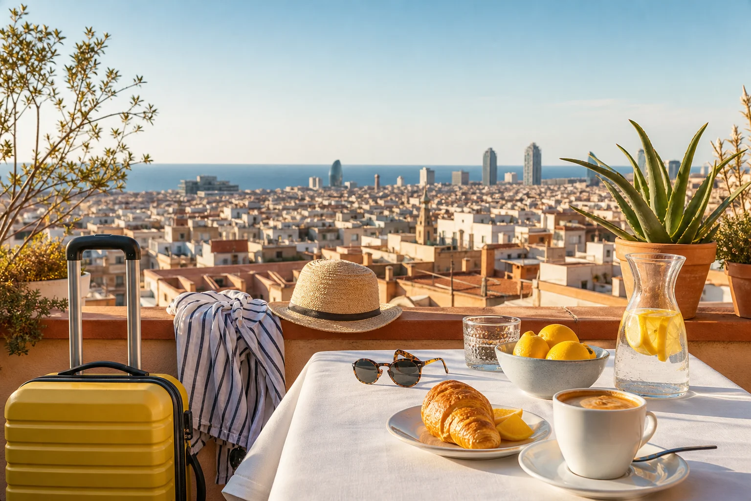 Barcelona rooftop hotel travel setup for a budget flight and hotel deal