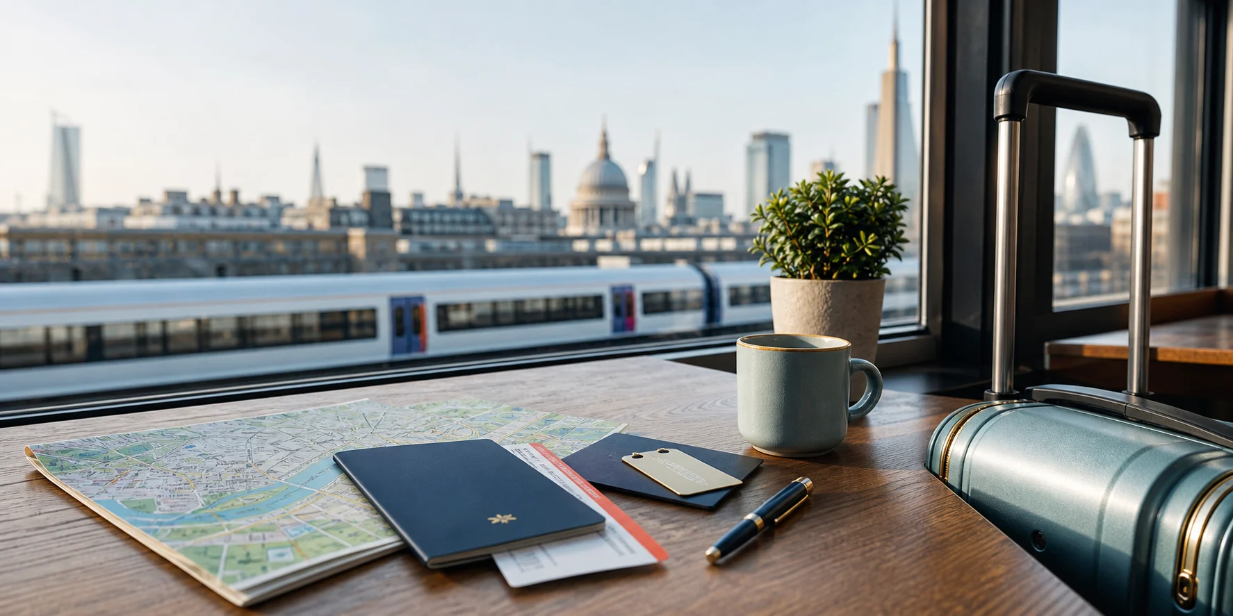 Travel planning table with passport, map, hotel key and suitcase for UK holidays