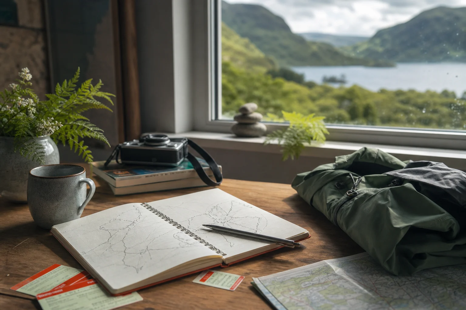 Notebook and route planning items for UK traveller guides and weekend itineraries